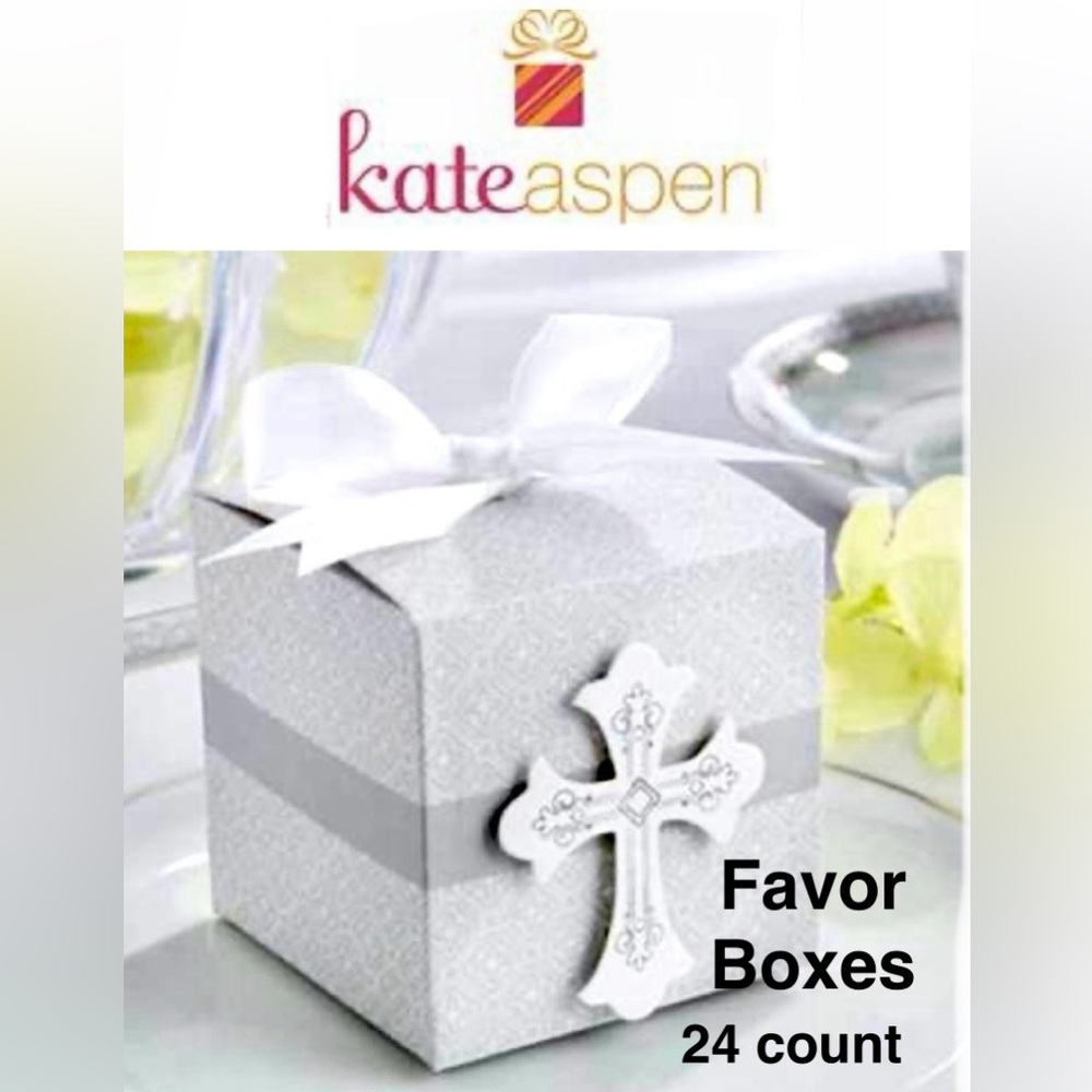 KATE ASPEN religious cross designed Favor Boxes 24 ct size 2 1/8” per side NWT